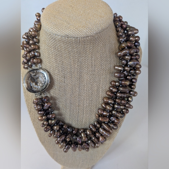 Freshwater Natural Pearl Necklace with 4 Strands Of Pearl And a Cameo Clasp